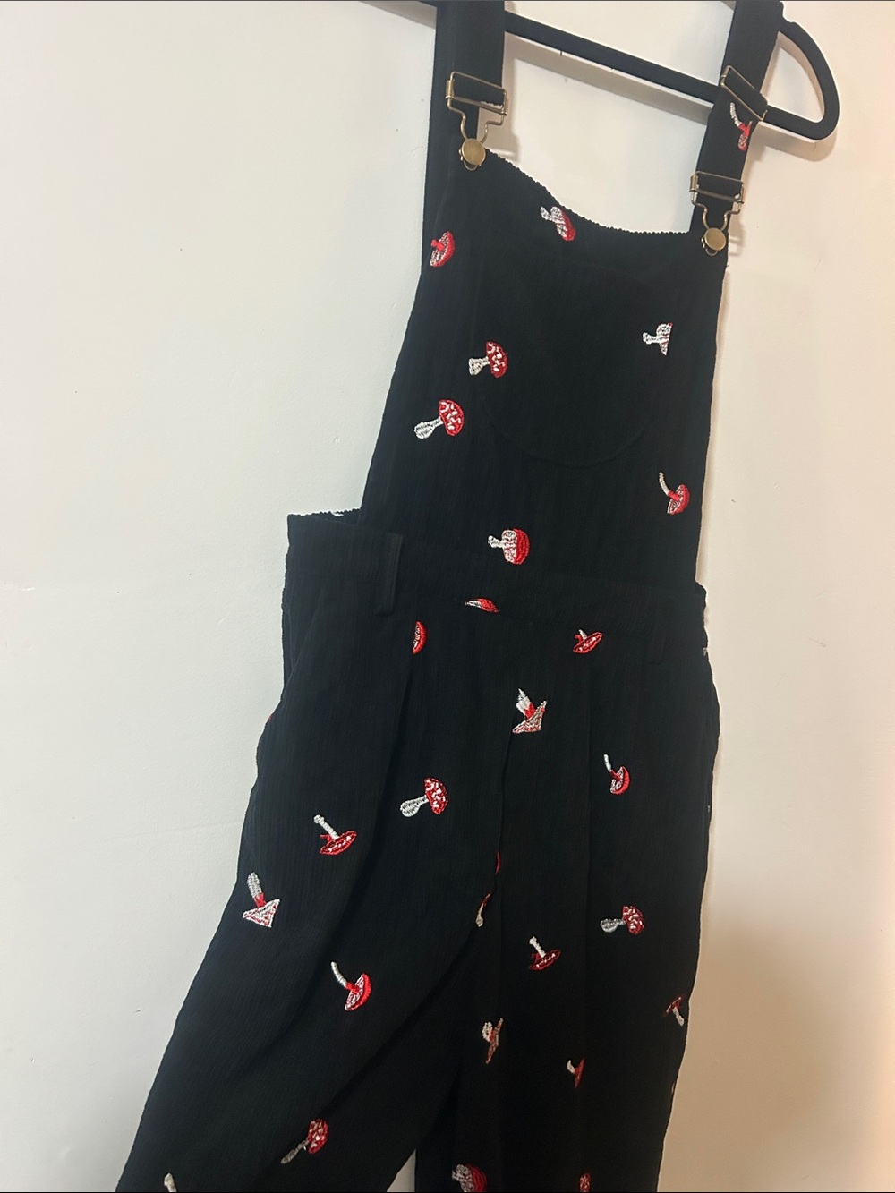 Cider Black Corduroy Mushroom Embroidered Overalls